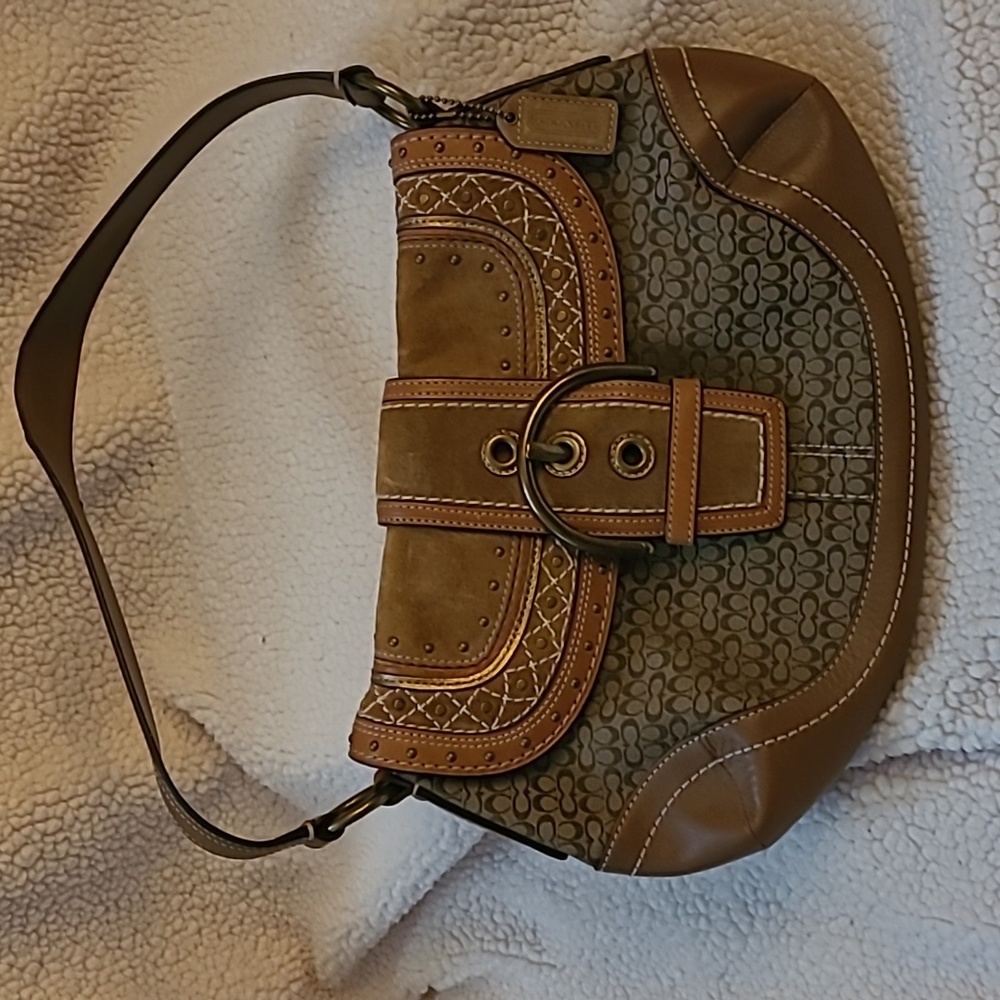 Coach signature studded suede and leather hobo bag